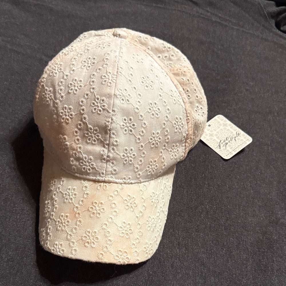 Free People Ivory and Pink Floral Embroidered Hat